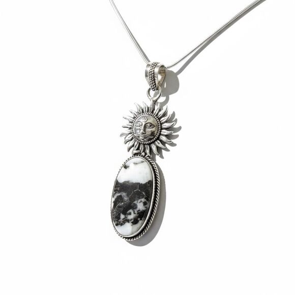 White Buffalo Turquoise Oval Sun Motif Pendant Necklace Sterling Silver New - Picture 1 of 6
